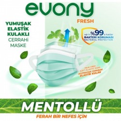Evony Elastik Kulaklı Mentollü 3 Katlı Telli Cerrahi Maske 10 lu