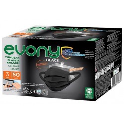 Evony Yumuşak Elastik Kulaklı 3 Katlı  Siyah Cerrahi Maske 50 Adet 
